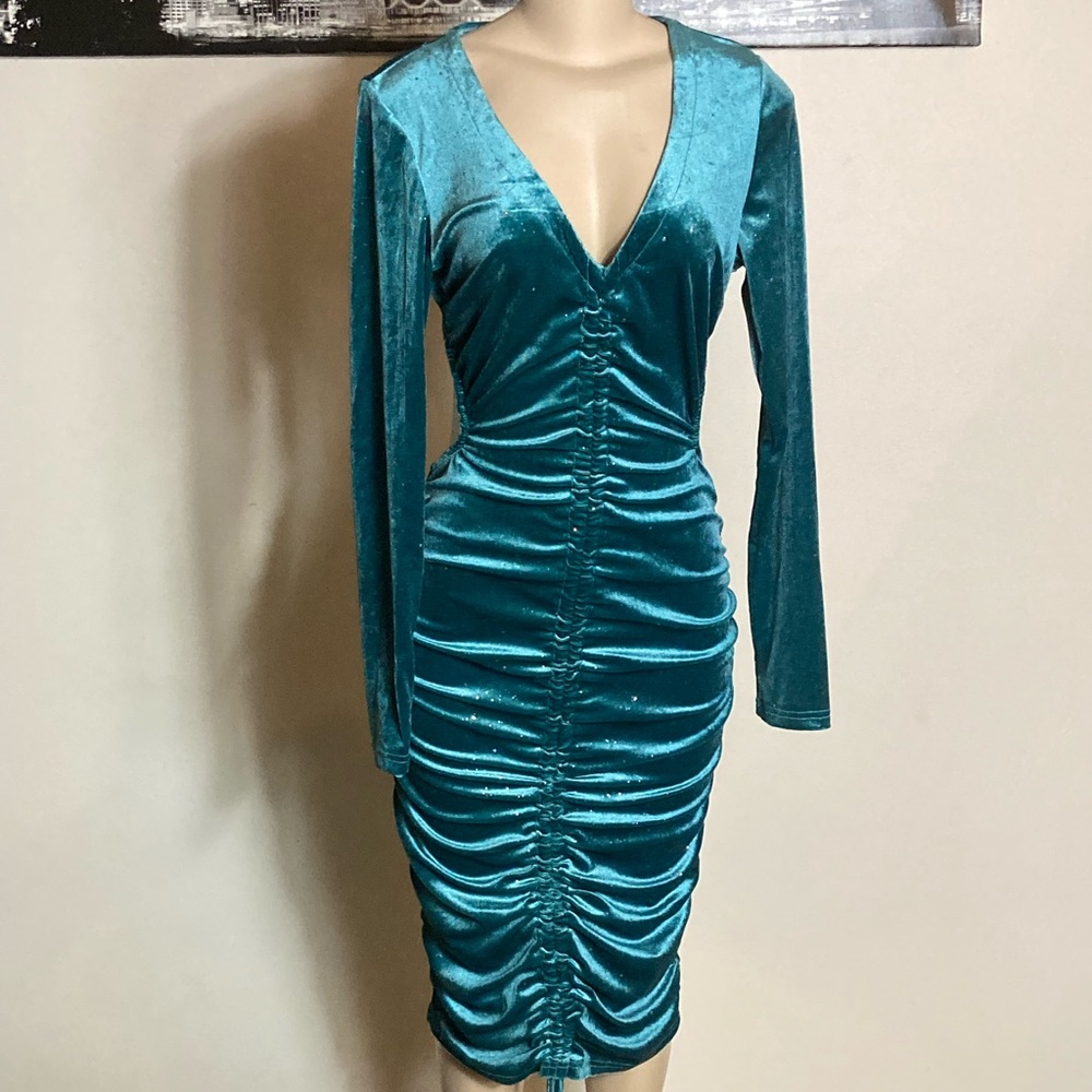 Green Velour long sleeve ruched dress